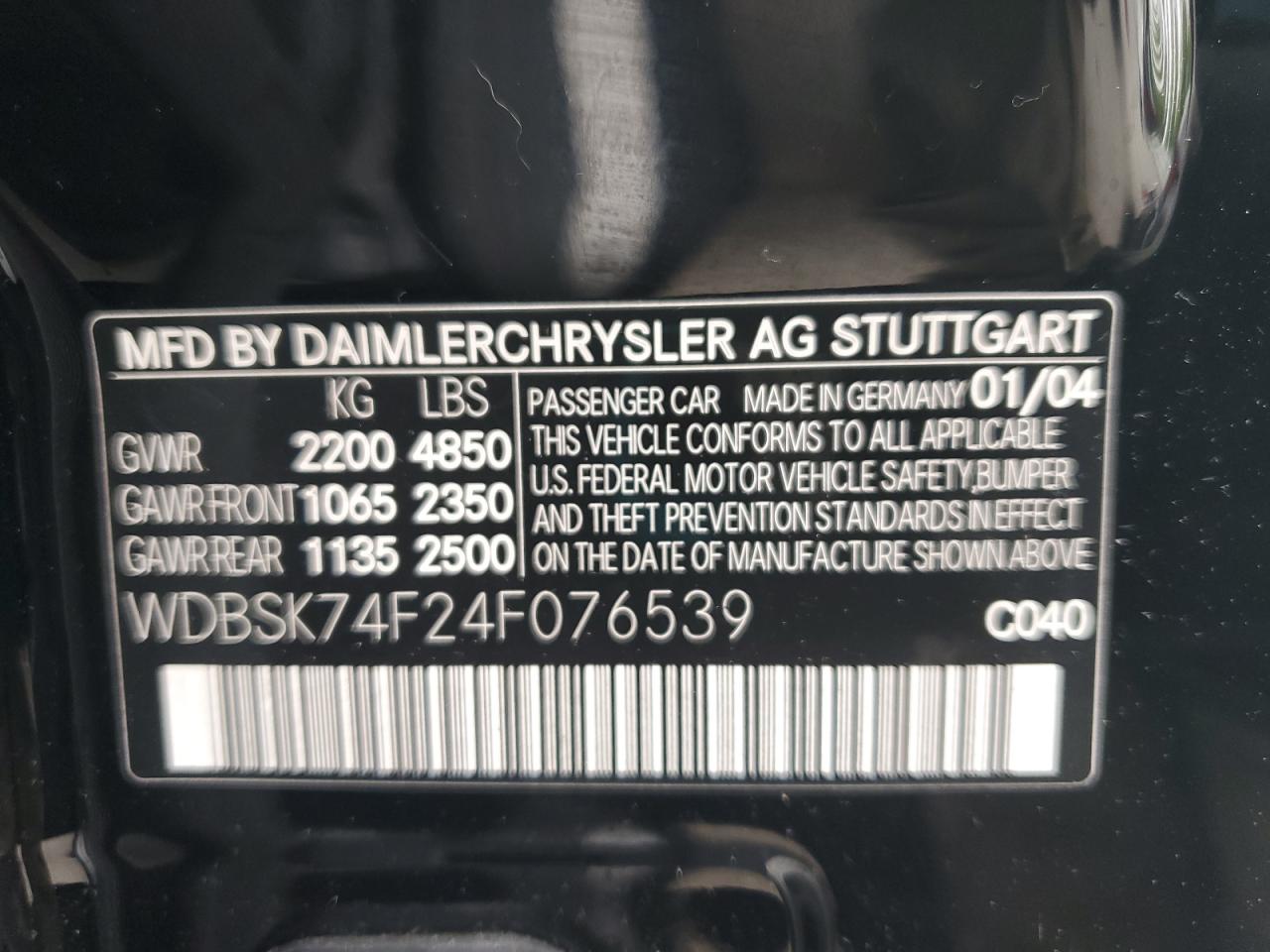 2004 Mercedes-Benz Sl 55 Amg VIN: WDBSK74F24F076539 Lot: 60300045