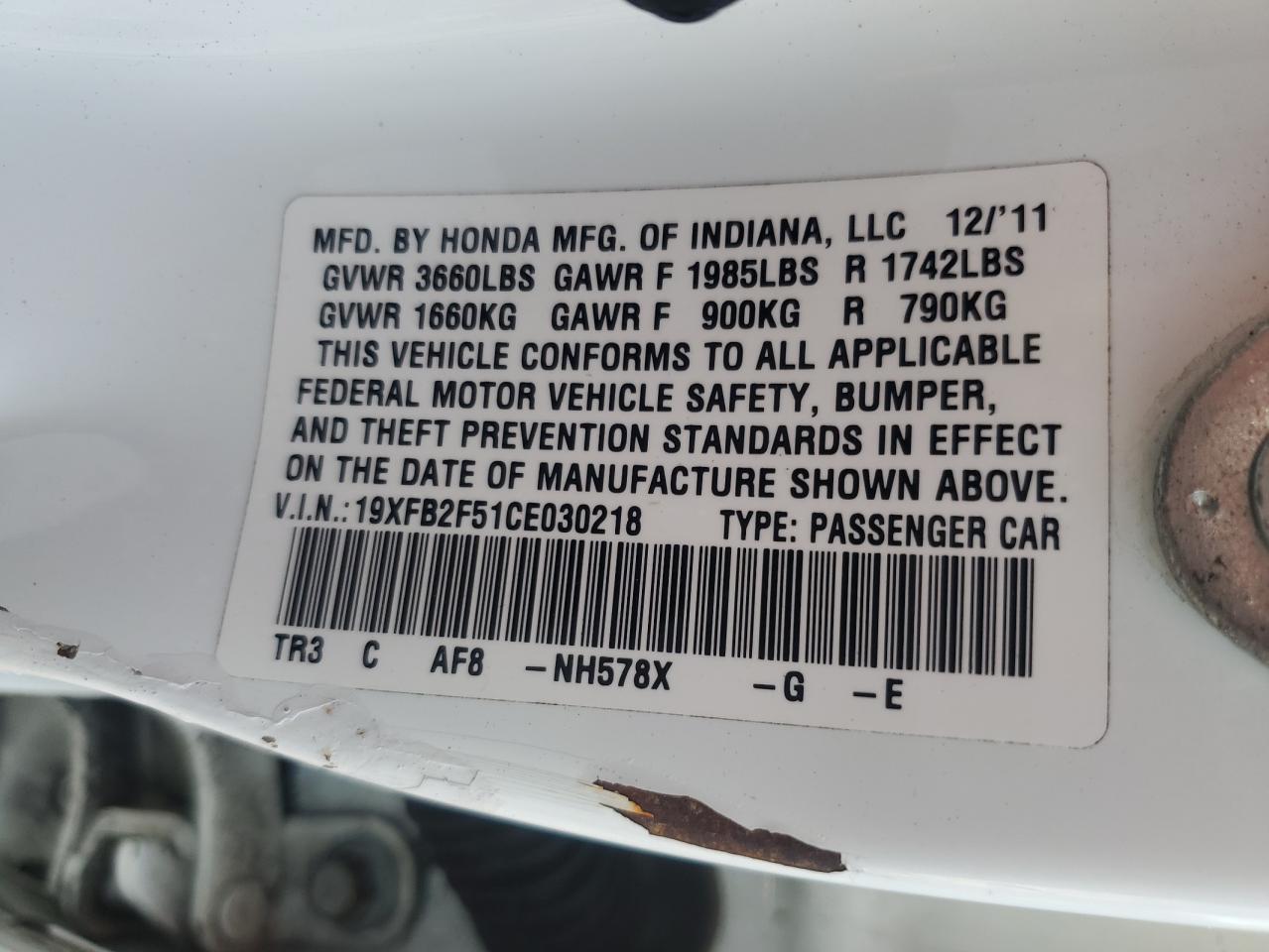 2012 Honda Civic Lx VIN: 19XFB2F51CE030218 Lot: 62265435