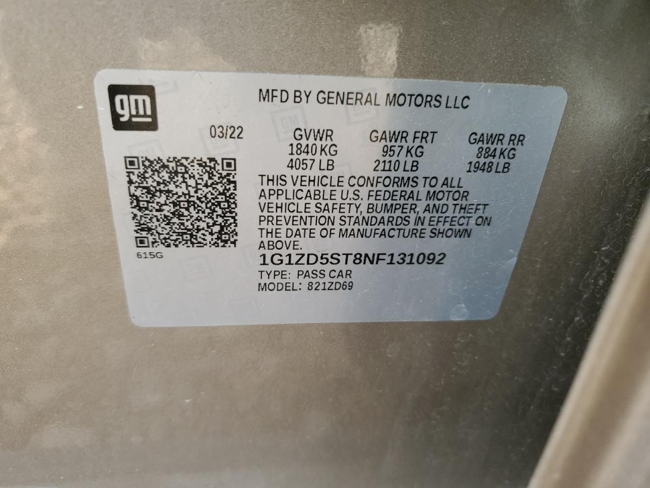 2022 Chevrolet Malibu Lt VIN: 1G1ZD5ST8NF131092 Lot: 62896795