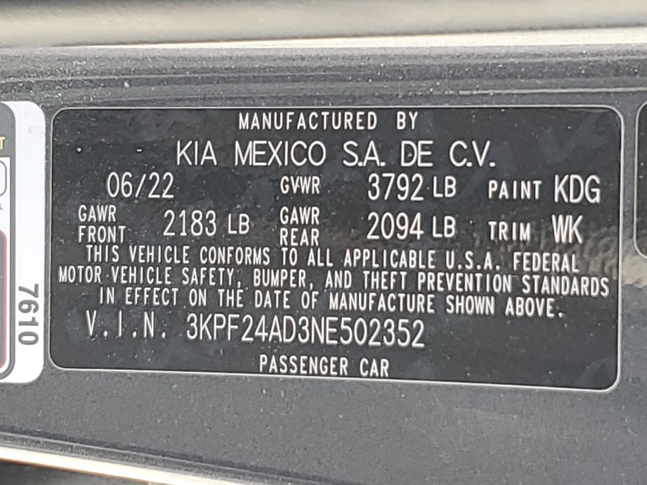 2022 Kia Forte Fe VIN: 3KPF24AD3NE502352 Lot: 62417075