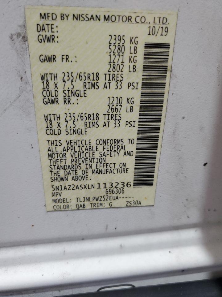 2020 Nissan Murano S VIN: 5N1AZ2ASXLN113236 Lot: 62886075