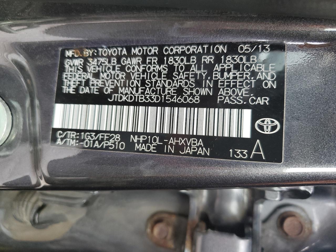2013 Toyota Prius C VIN: JTDKDTB33D1546068 Lot: 61397765