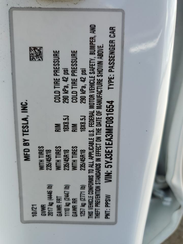 2021 Tesla Model 3 VIN: 5YJ3E1EA3MF081654 Lot: 61861295