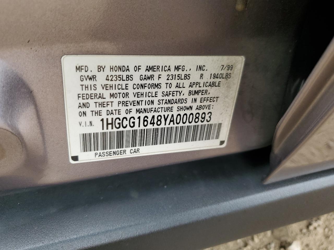 2000 Honda Accord Lx VIN: 1HGCG1648YA000893 Lot: 60548575