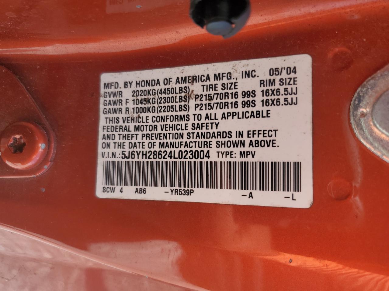2004 Honda Element Ex VIN: 5J6YH28624L023004 Lot: 62122835