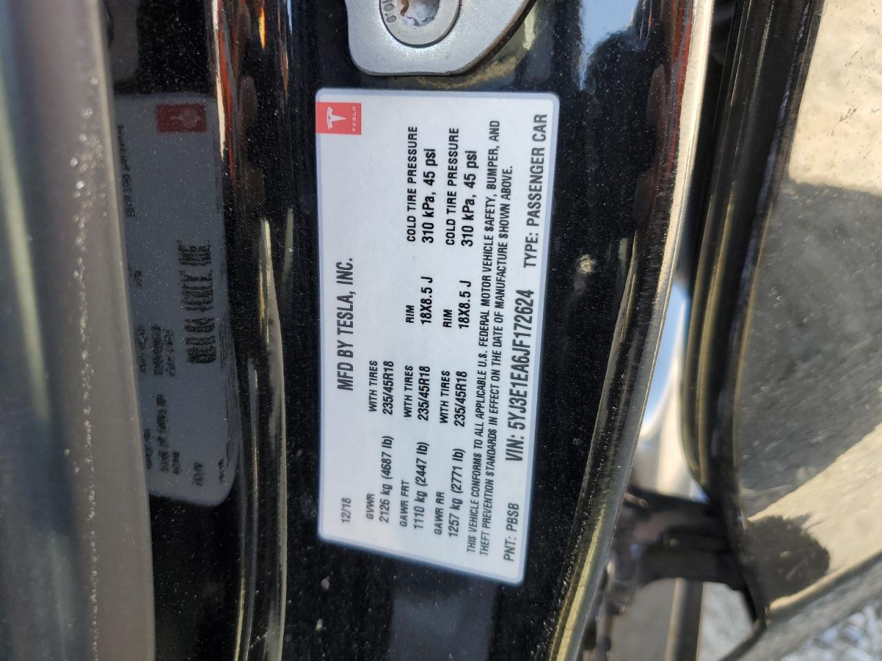 2018 Tesla Model 3 VIN: 5YJ3E1EA6JF172624 Lot: 62510985