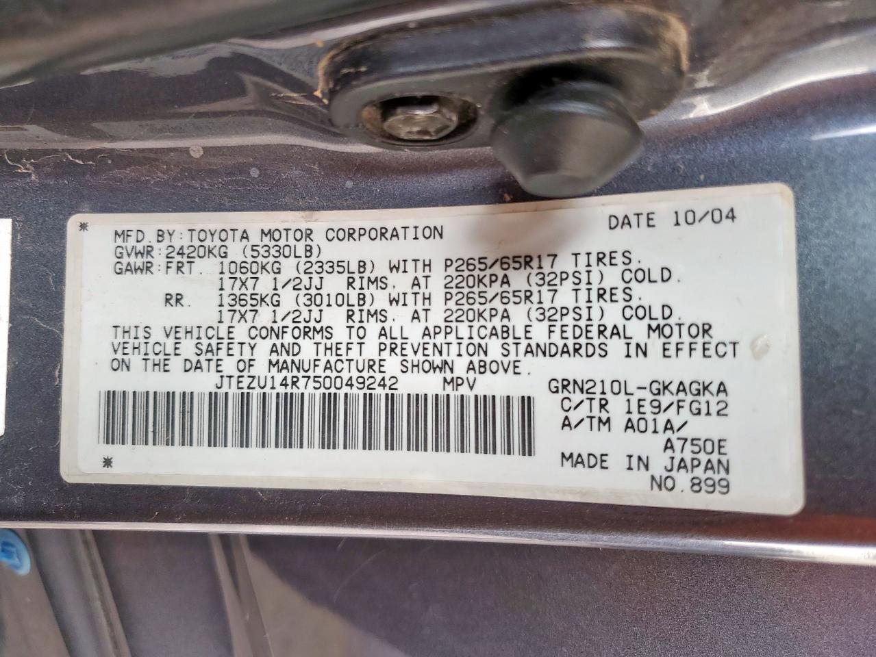 2005 Toyota 4Runner Sr5 VIN: JTEZU14R750049242 Lot: 62322535