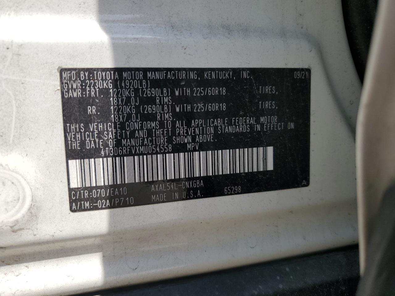 TOYOTA RAV4 2021 VIN 4T3D6RFVXMU054558 zdjęcie 12