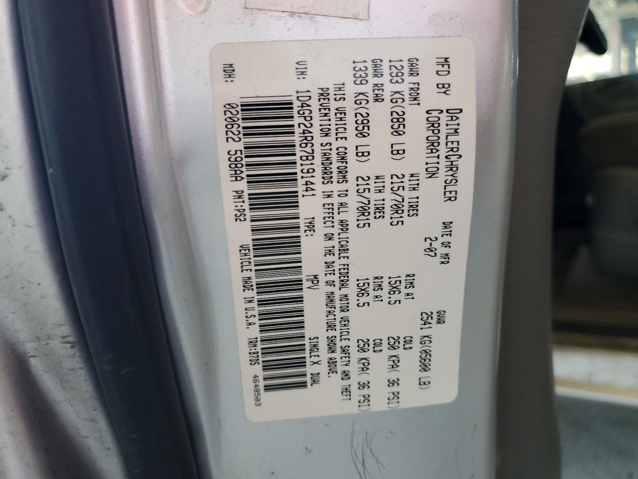 2007 Dodge Grand Caravan Se VIN: 1D4GP24R67B191441 Lot: 63159645