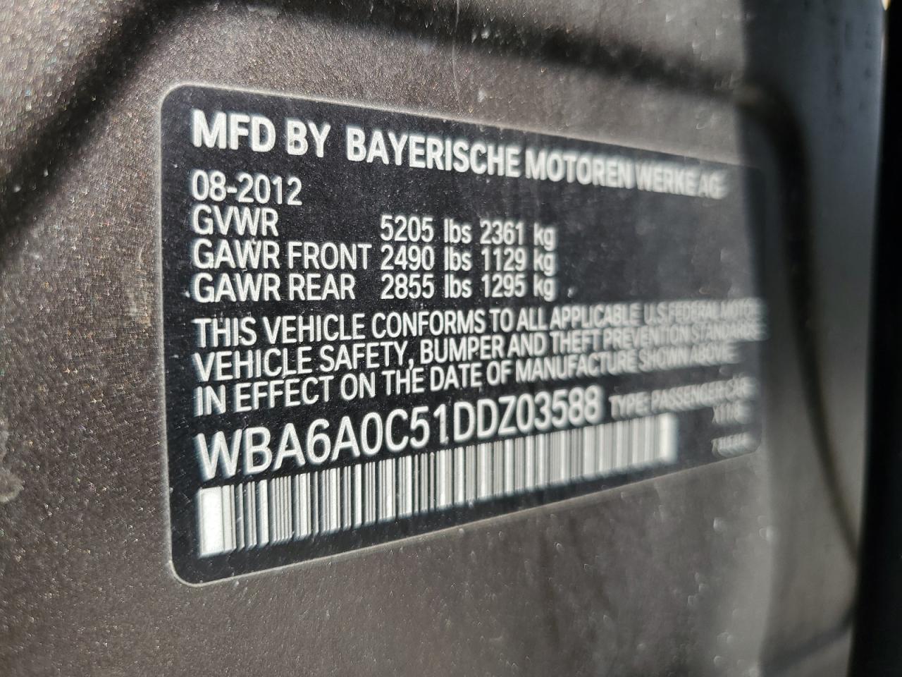 2013 BMW 640 I VIN: WBA6A0C51DDZ03588 Lot: 62842665