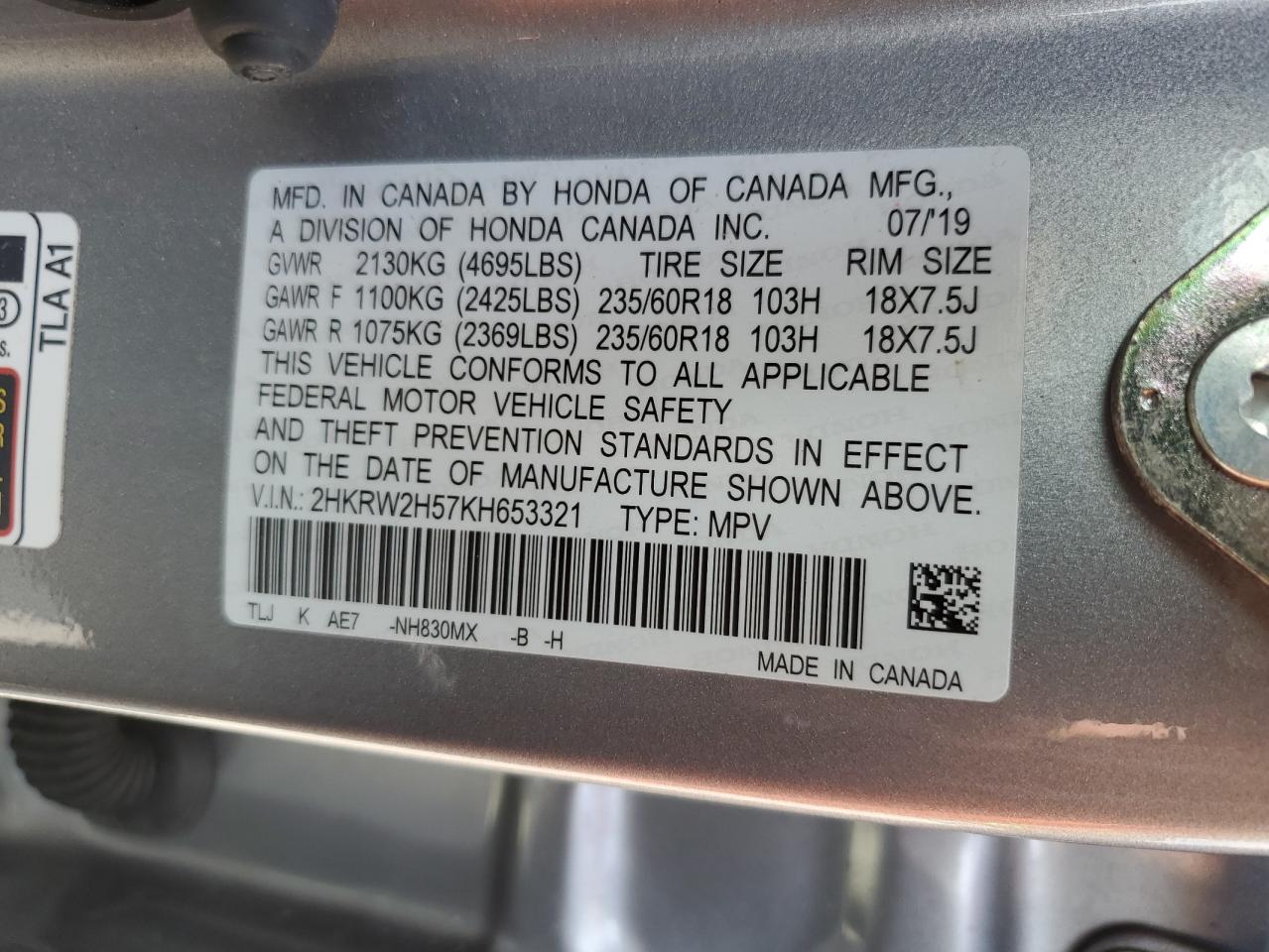 HONDA CRV 2019 VIN 2HKRW2H57KH653321 фото 14