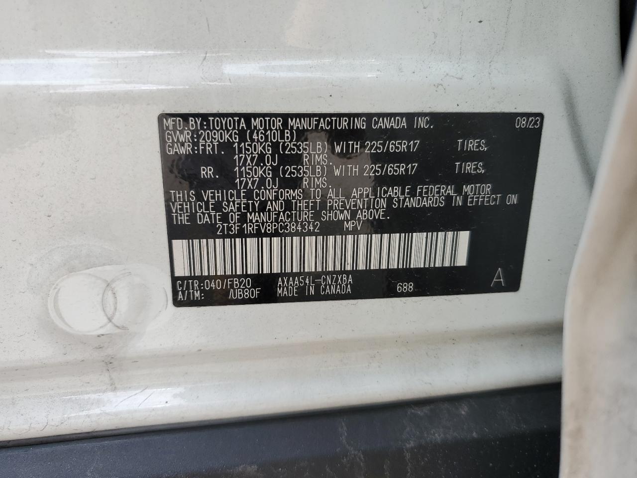 2023 Toyota Rav4 Le VIN: 2T3F1RFV8PC384342 Lot: 62284875