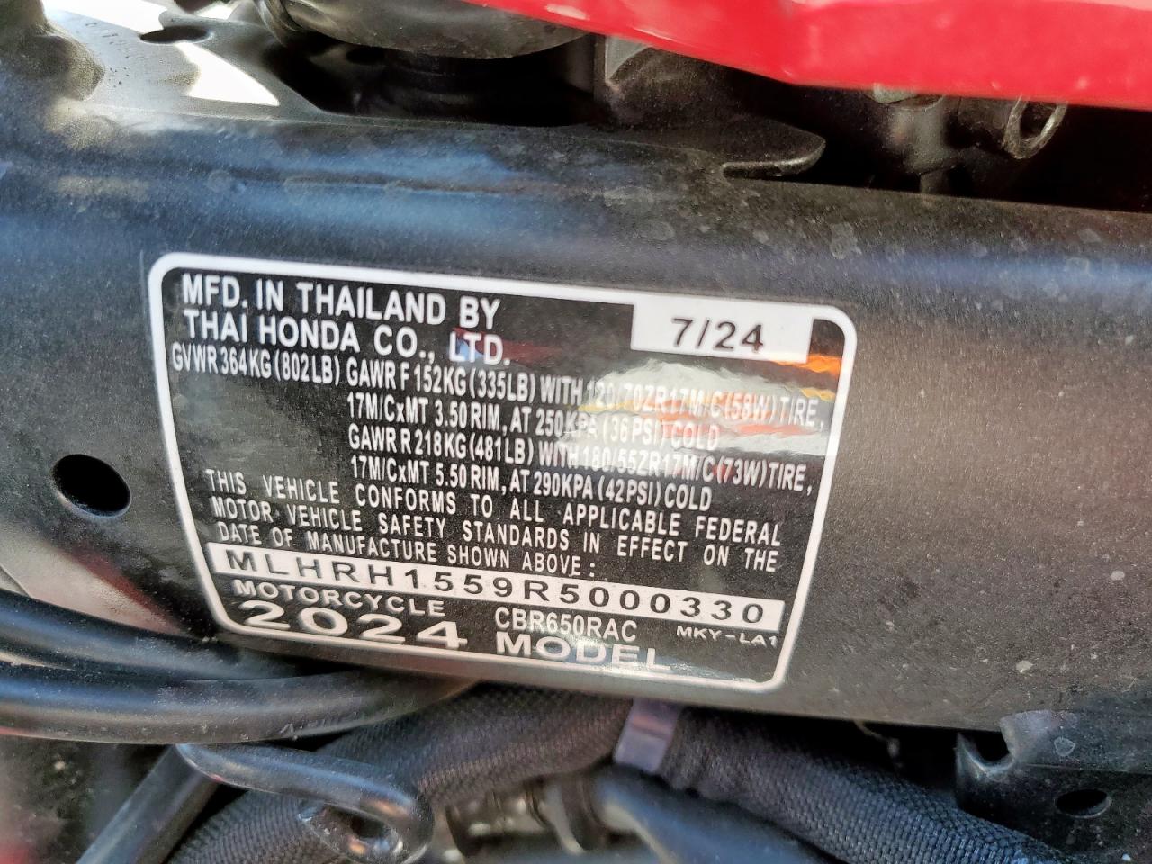 2024 Honda Cbr650 R VIN: MLHRH1559R5000330 Lot: 61409985