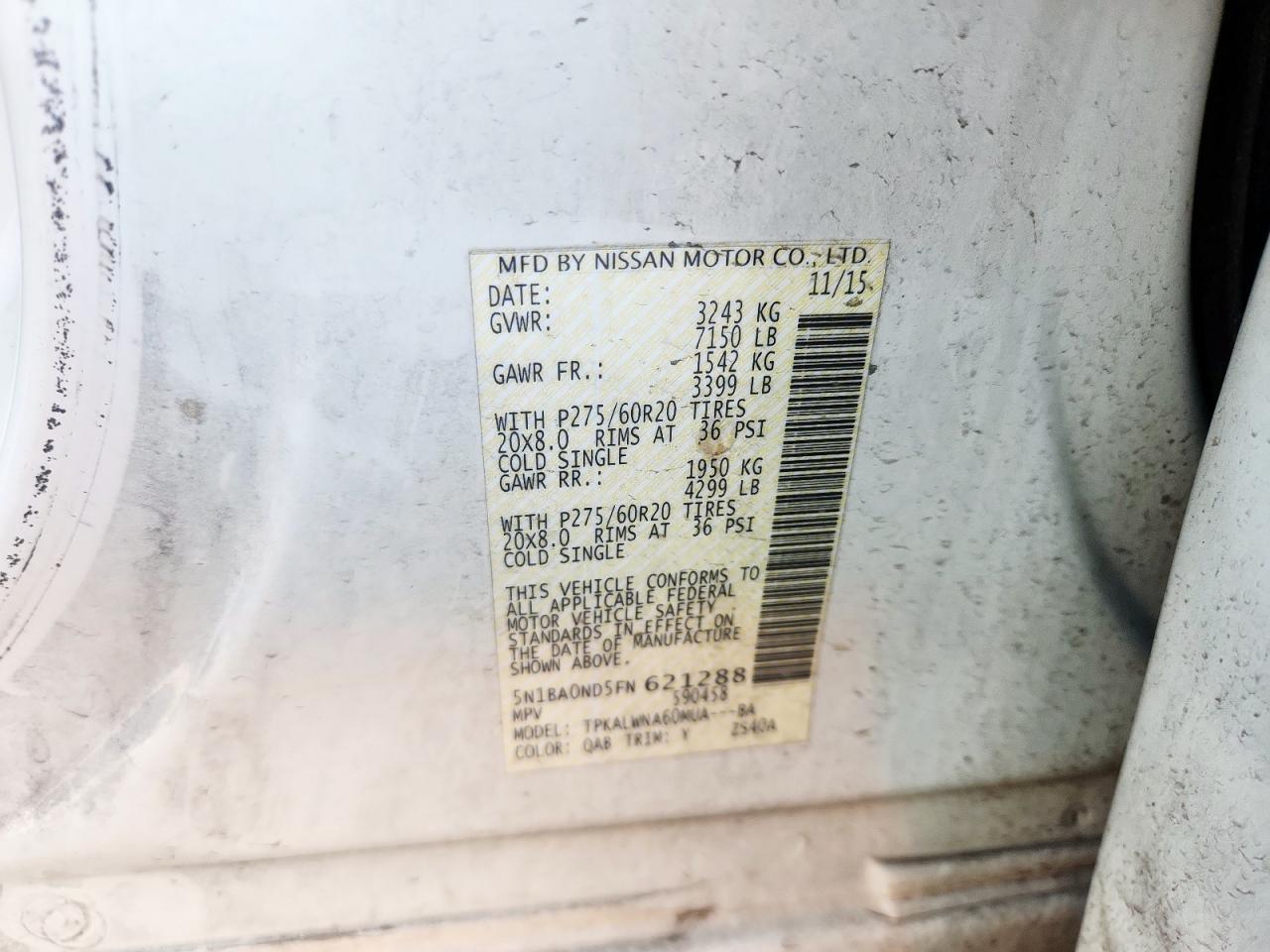 2015 Nissan Armada Sv VIN: 5N1BA0ND5FN621288 Lot: 62824475