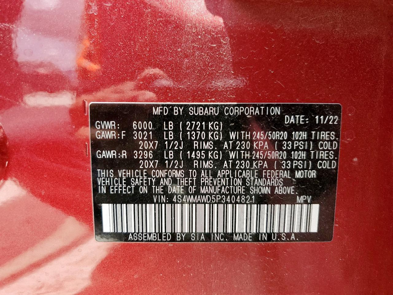 2023 Subaru Ascent Touring VIN: 4S4WMAWD5P3404821 Lot: 62174895