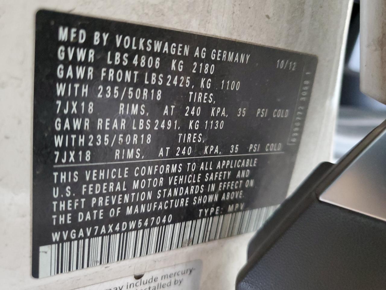 2013 Volkswagen Tiguan S VIN: WVGAV7AX4DW547040 Lot: 61027565