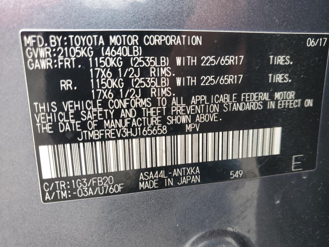 2017 Toyota Rav4 Le VIN: JTMBFREV3HJ165658 Lot: 61004495