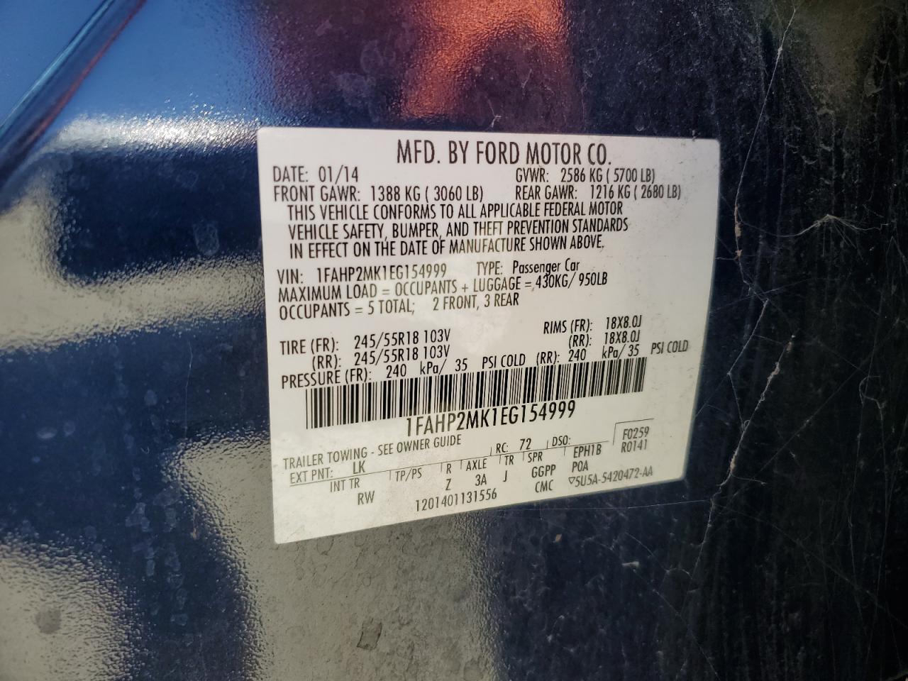 2014 Ford Taurus Police Interceptor VIN: 1FAHP2MK1EG154999 Lot: 60520115