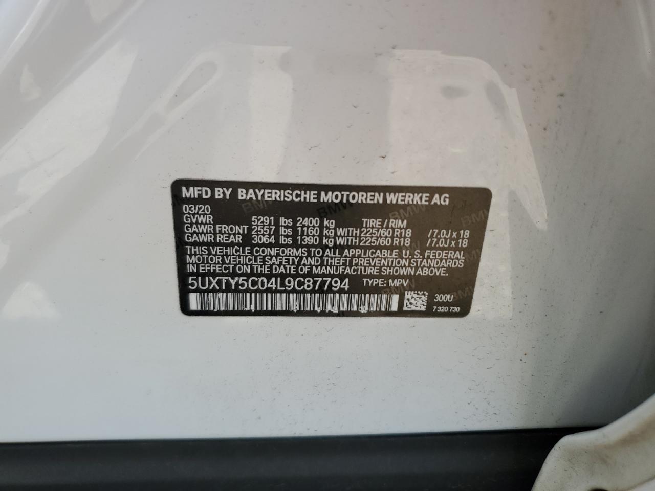 2020 BMW X3 xDrive30I VIN: 5UXTY5C04L9C87794 Lot: 61455715