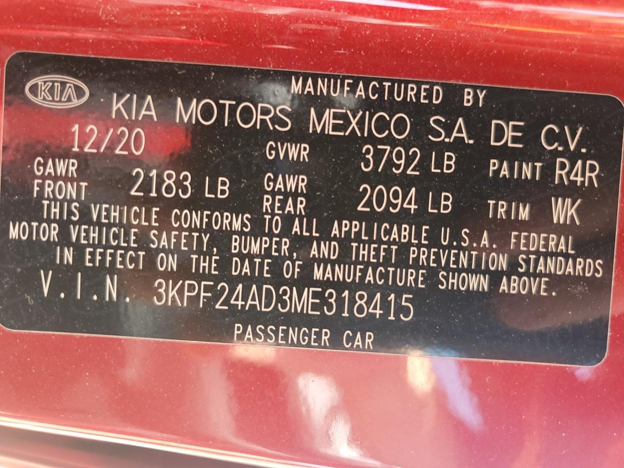 2021 Kia Forte Fe VIN: 3KPF24AD3ME318415 Lot: 62549225