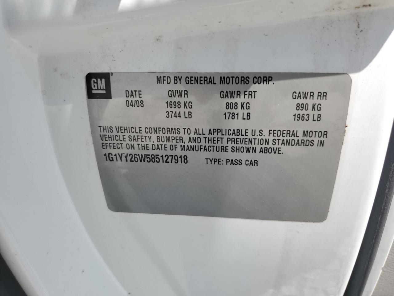 2008 Chevrolet Corvette VIN: 1G1YY26W585127918 Lot: 61216485