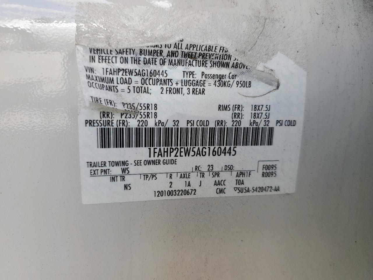 2010 Ford Taurus Sel VIN: 1FAHP2EW5AG160445 Lot: 62990005