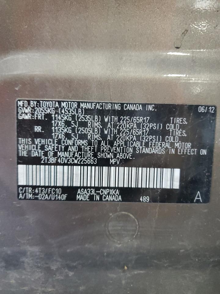 2012 Toyota Rav4 VIN: 2T3BF4DV3CW225663 Lot: 62182245