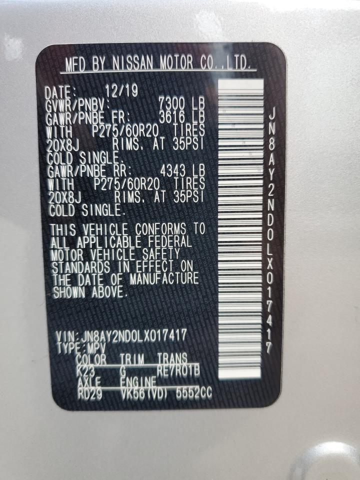 2020 Nissan Armada Sv VIN: JN8AY2ND0LX017417 Lot: 60247255