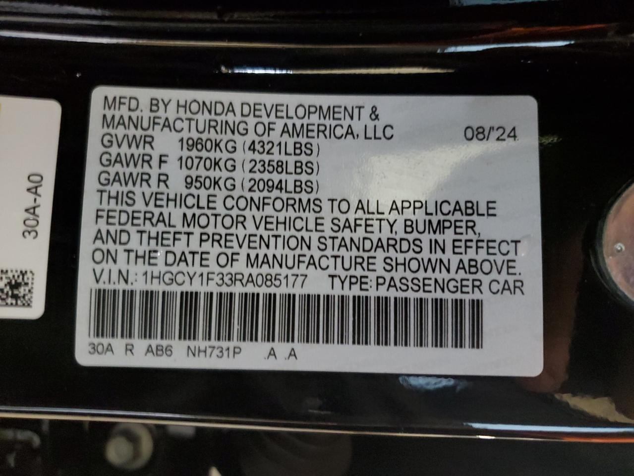 HONDA ACCORD 2024 VIN 1HGCY1F33RA085177 фото 12