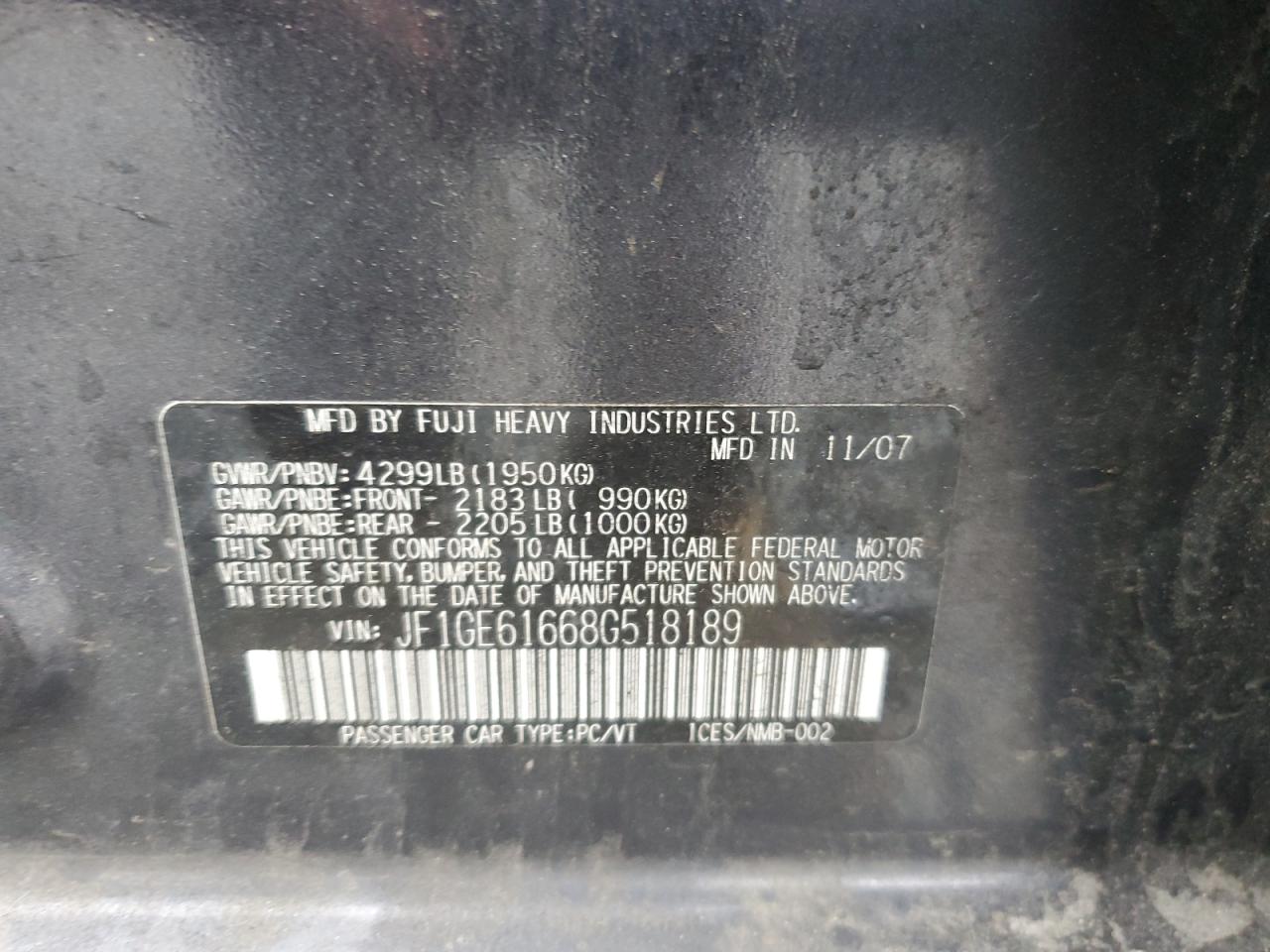 2008 Subaru Impreza 2.5I VIN: JF1GE61668G518189 Lot: 60308905