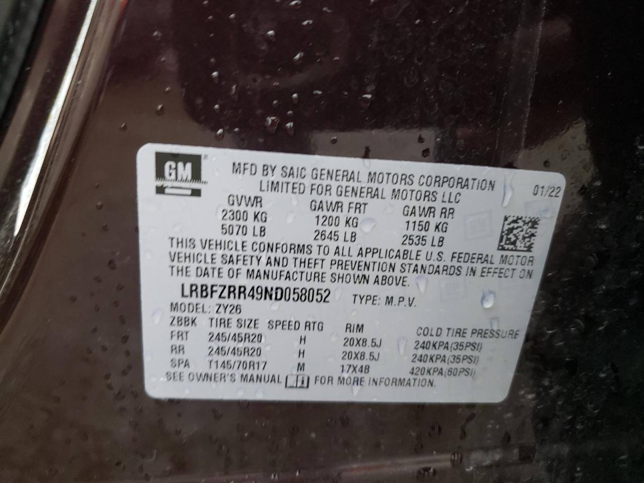 2022 Buick Envision Avenir VIN: LRBFZRR49ND058052 Lot: 61224995