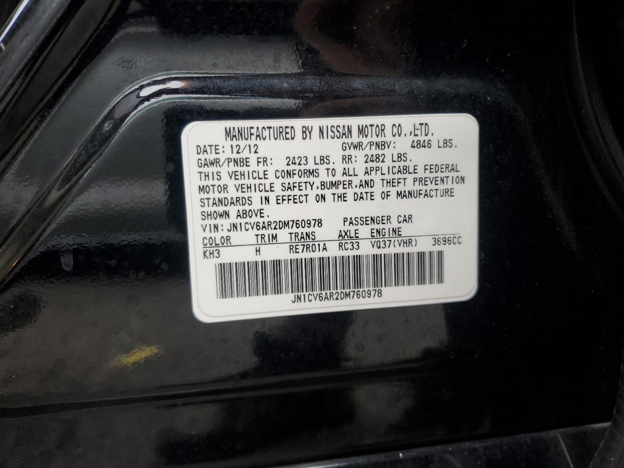 2013 Infiniti G37 VIN: JN1CV6AR2DM760978 Lot: 62697315