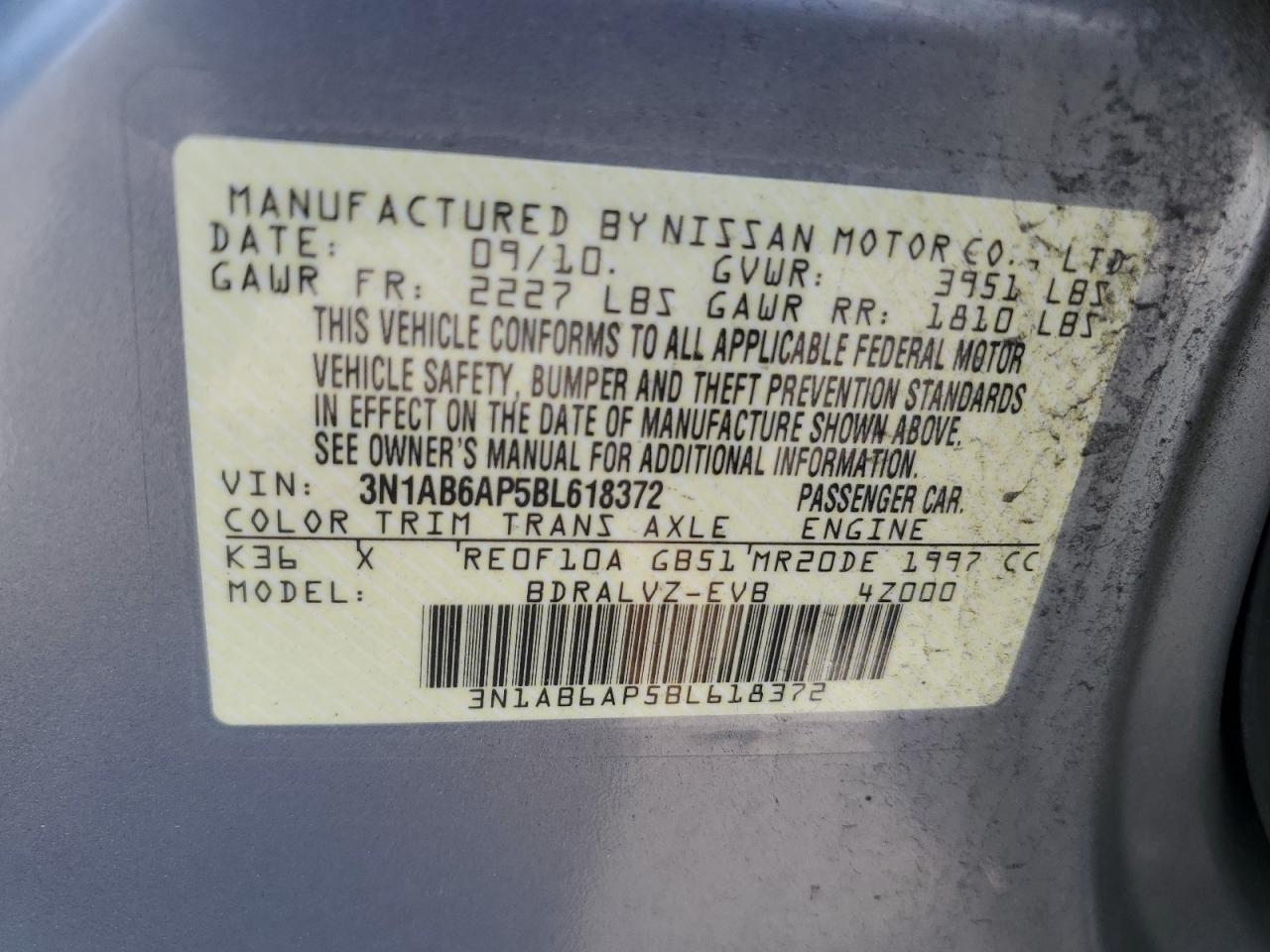 2011 Nissan Sentra 2.0 VIN: 3N1AB6AP5BL618372 Lot: 60971095