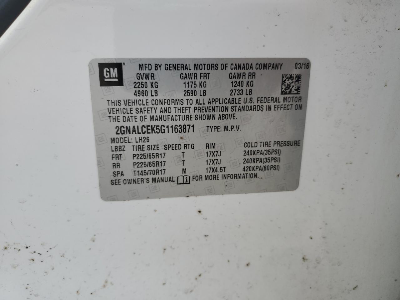 2016 Chevrolet Equinox Lt VIN: 2GNALCEK5G1163871 Lot: 61970395
