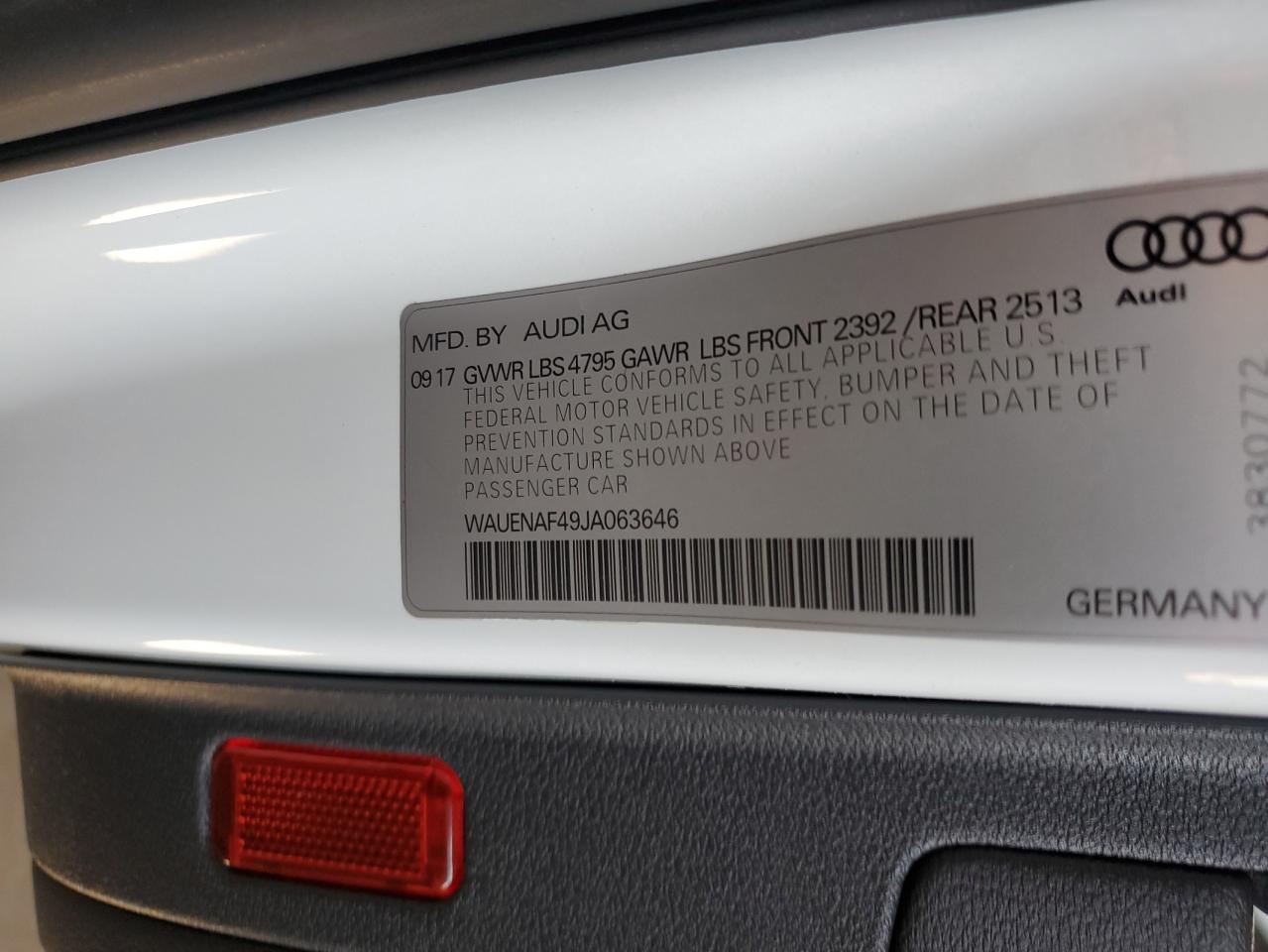 2018 Audi A4 Premium Plus VIN: WAUENAF49JA063646 Lot: 61801785