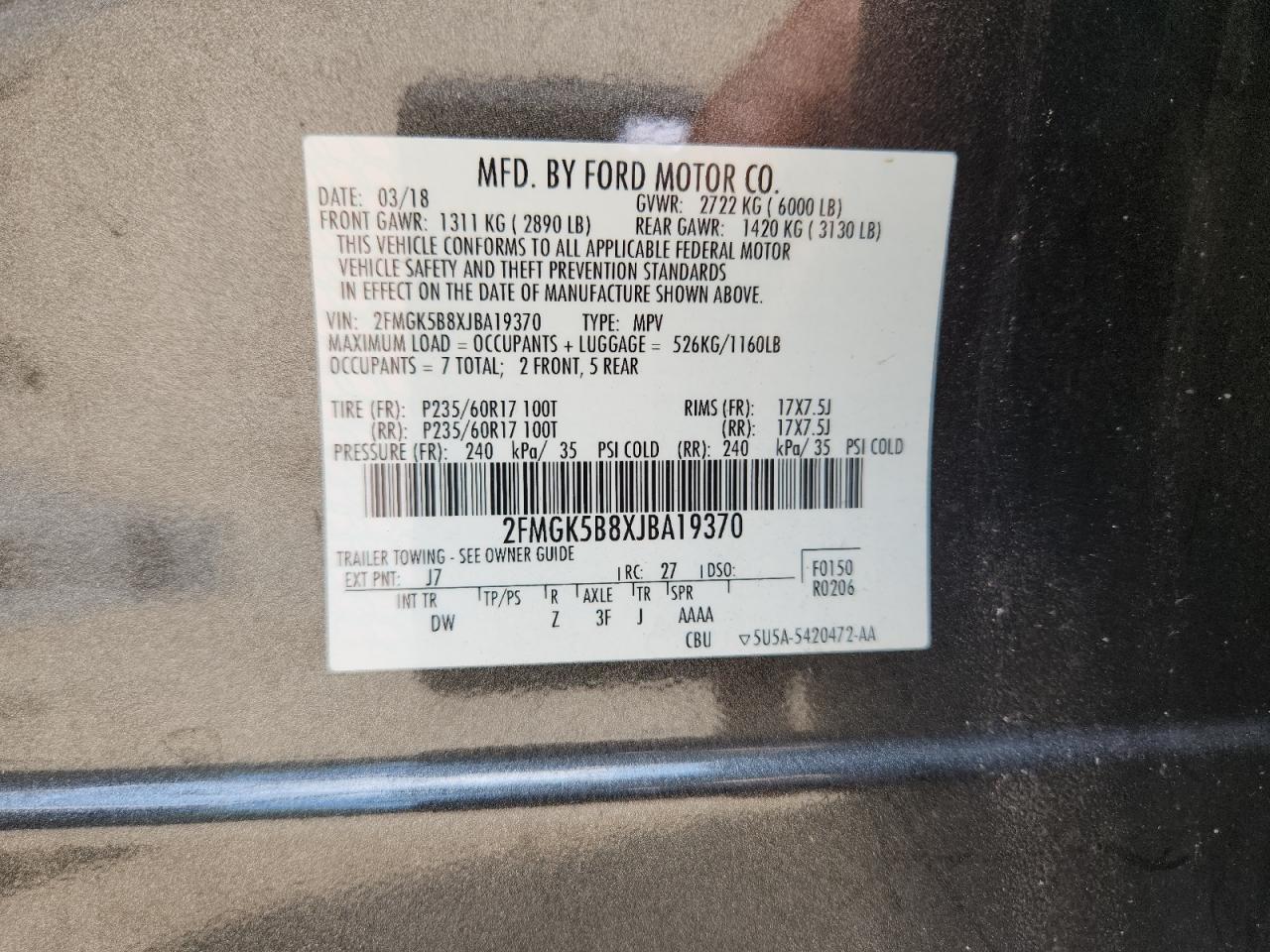 2018 Ford Flex Se VIN: 2FMGK5B8XJBA19370 Lot: 62233515