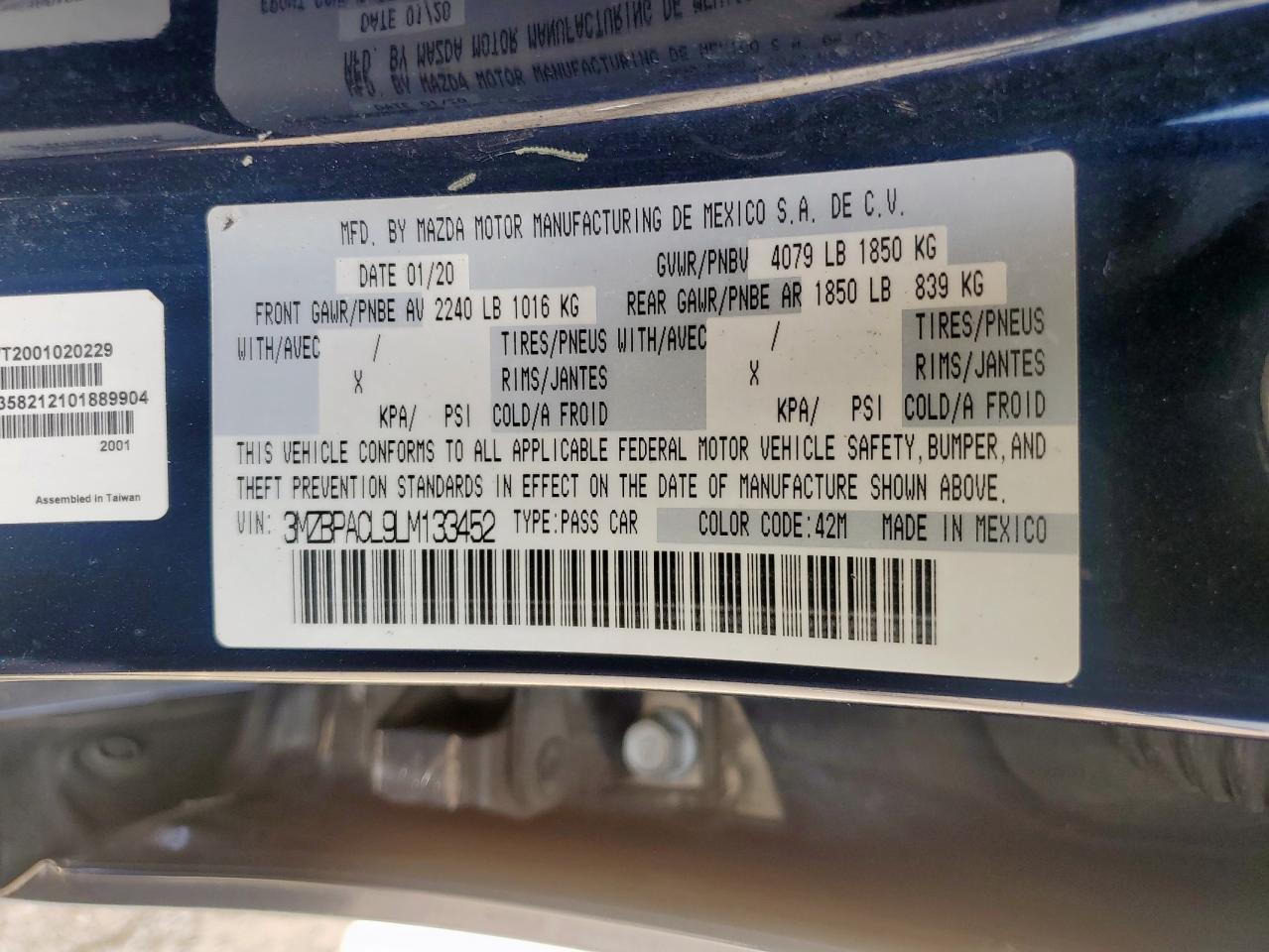 2020 Mazda 3 Select VIN: 3MZBPACL9LM133452 Lot: 60001605