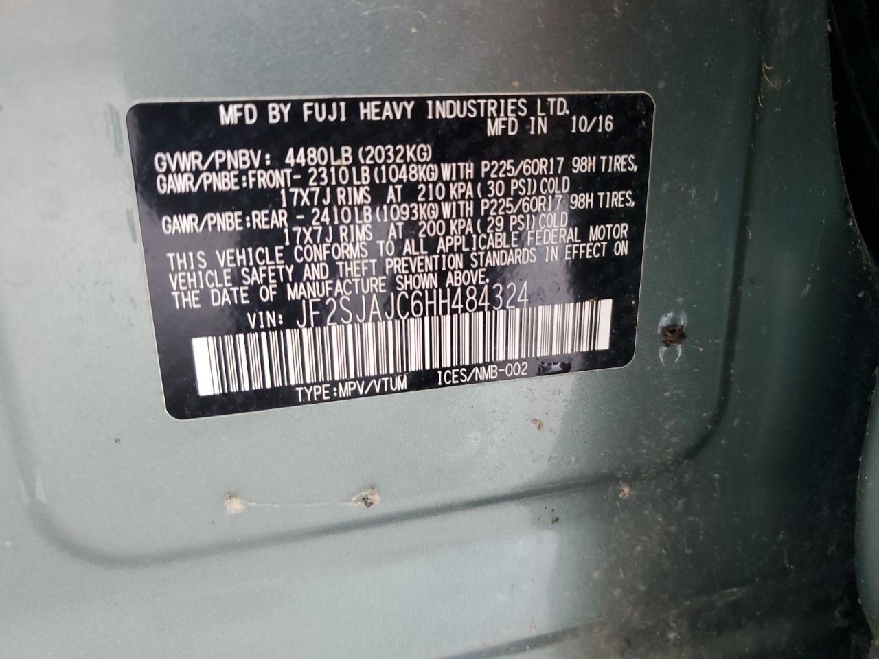 2017 Subaru Forester 2.5I Limited VIN: JF2SJAJC6HH484324 Lot: 60067695