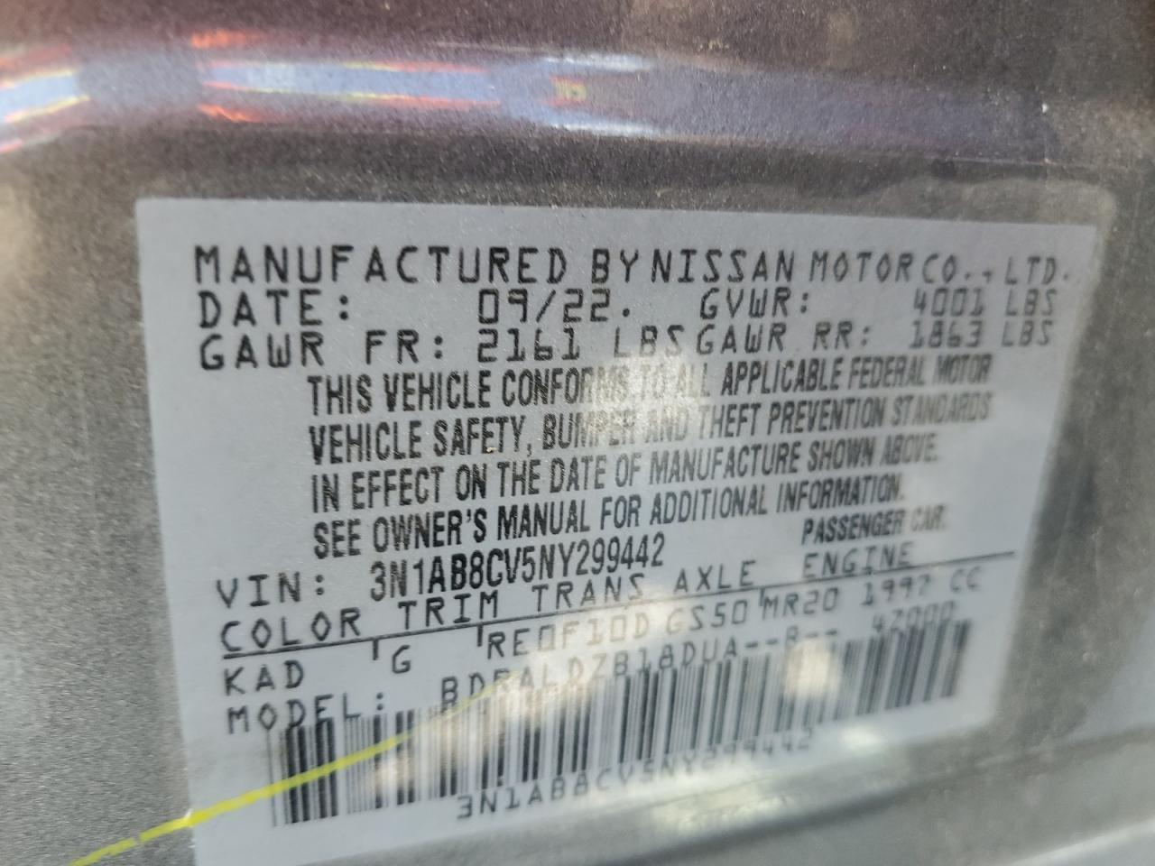 2022 Nissan Sentra Sv VIN: 3N1AB8CV5NY299442 Lot: 62726285