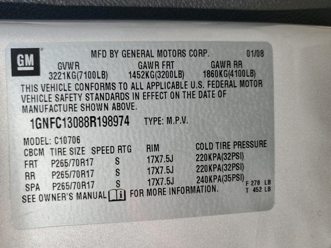2008 Chevrolet Tahoe C1500 VIN: 1GNFC13088R198974 Lot: 62880685