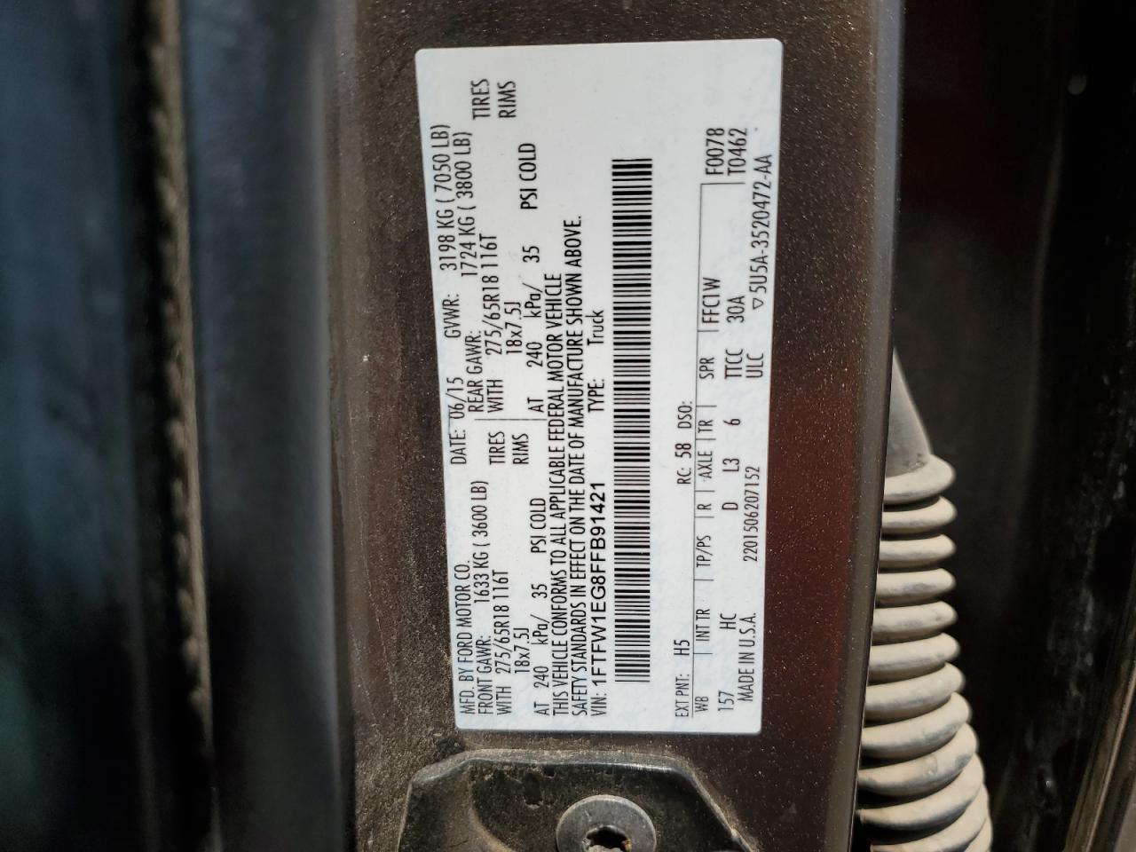 2015 Ford F150 Supercrew VIN: 1FTFW1EG8FFB91421 Lot: 60328315