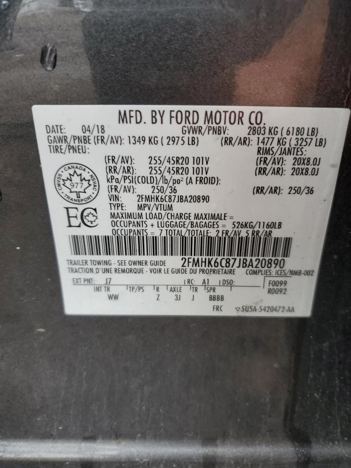 2018 Ford Flex Sel VIN: 2FMHK6C87JBA20890 Lot: 61168315