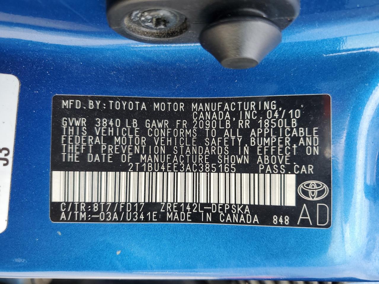 2010 Toyota Corolla Base VIN: 2T1BU4EE3AC385165 Lot: 59838035