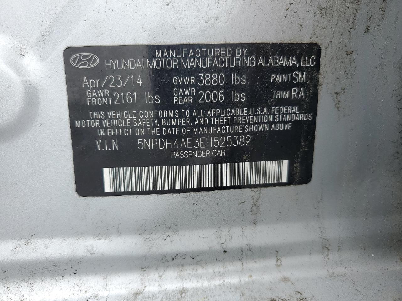 2014 Hyundai Elantra Se VIN: 5NPDH4AE3EH525382 Lot: 61235005