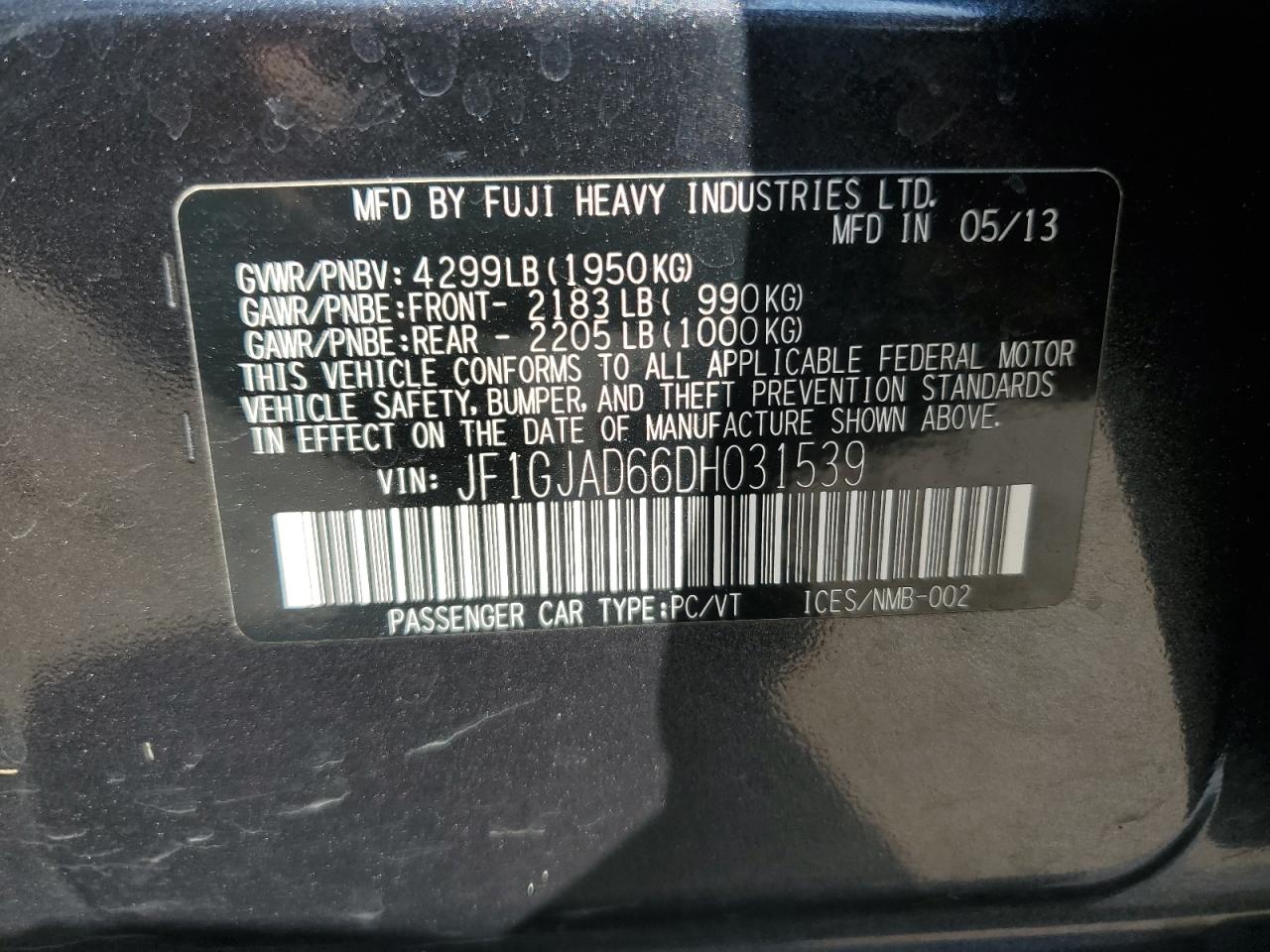 2013 Subaru Impreza Premium VIN: JF1GJAD66DH031539 Lot: 62254245