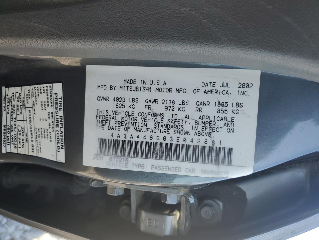 2003 Mitsubishi Galant Es VIN: 4A3AA46G03E042881 Lot: 61861195