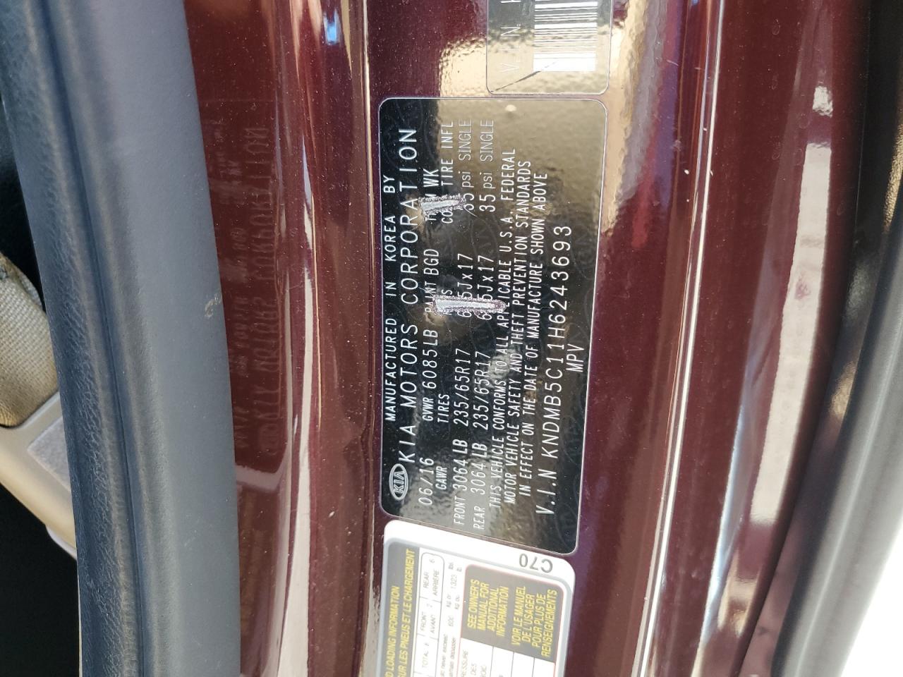 2017 Kia Sedona Lx VIN: KNDMB5C11H6243693 Lot: 61490925