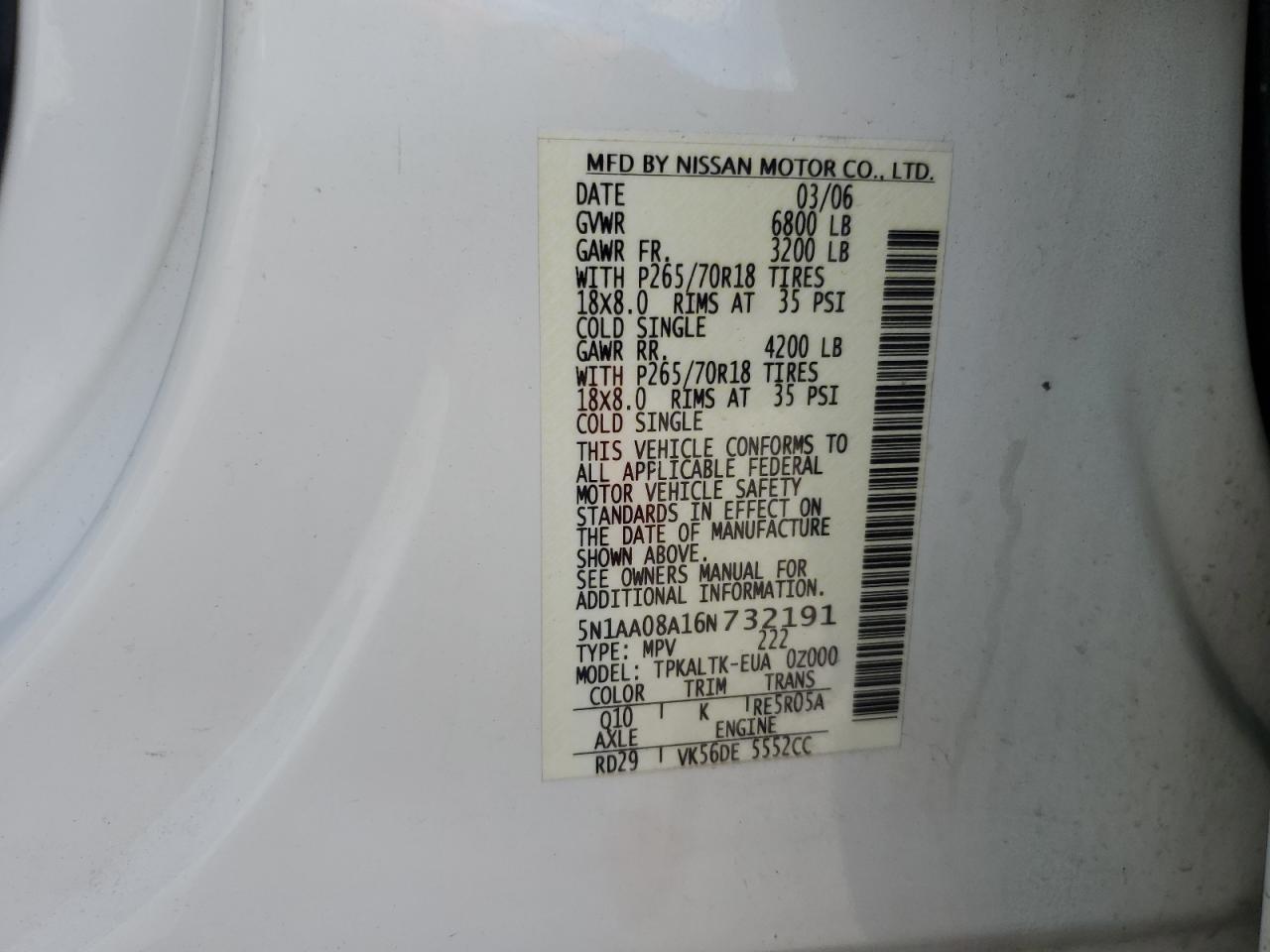 2006 Nissan Armada Se VIN: 5N1AA08A16N732191 Lot: 62285705