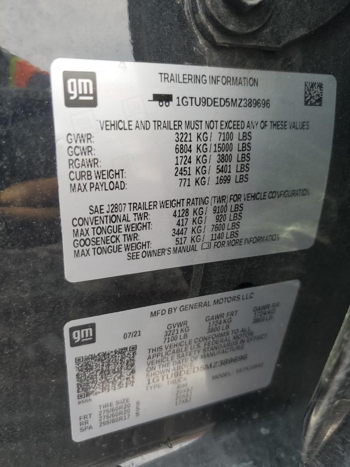 2021 GMC Sierra K1500 Slt VIN: 1GTU9DED5MZ389696 Lot: 62309755