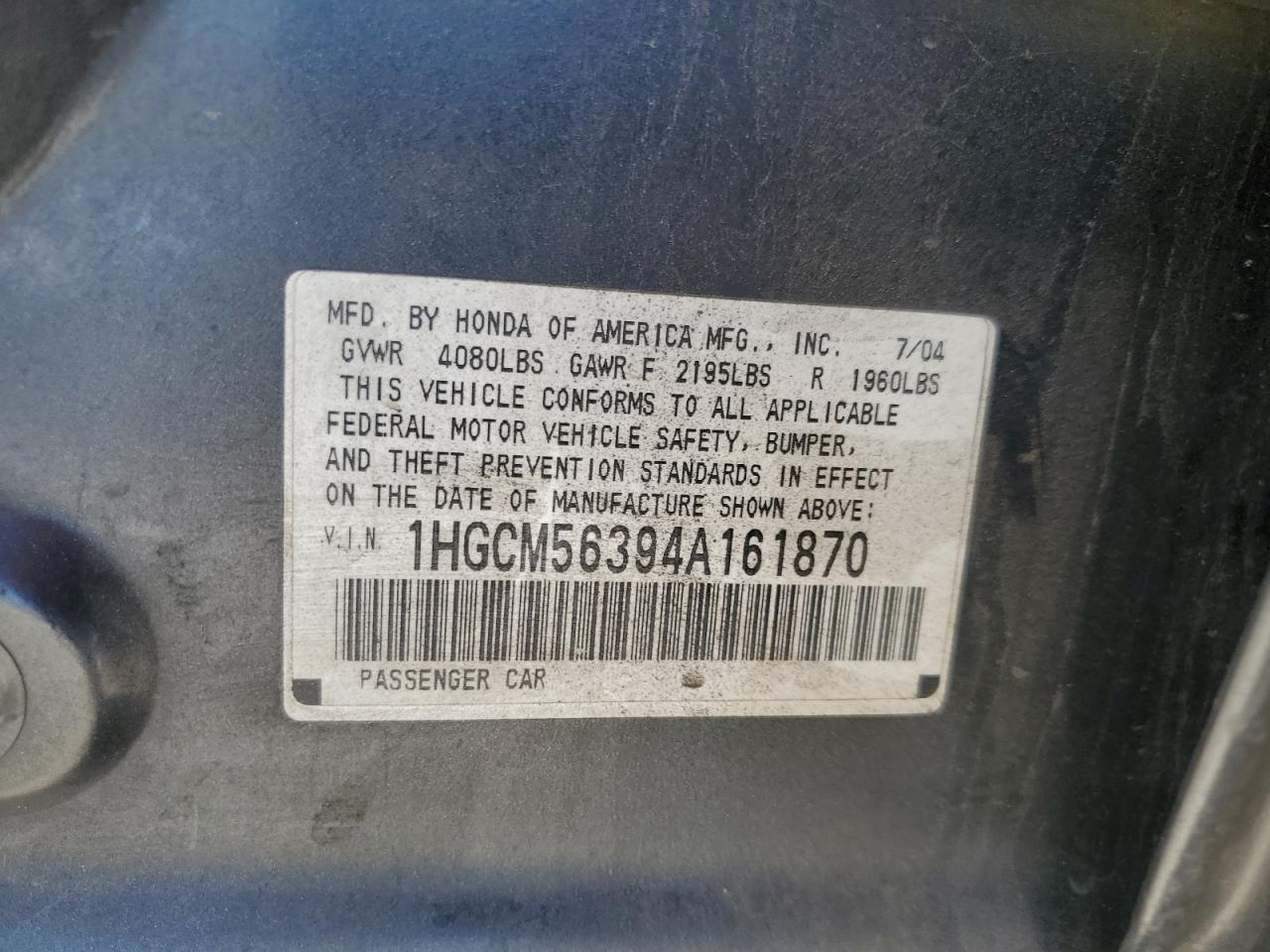 2004 Honda Accord Lx VIN: 1HGCM56394A161870 Lot: 62307775